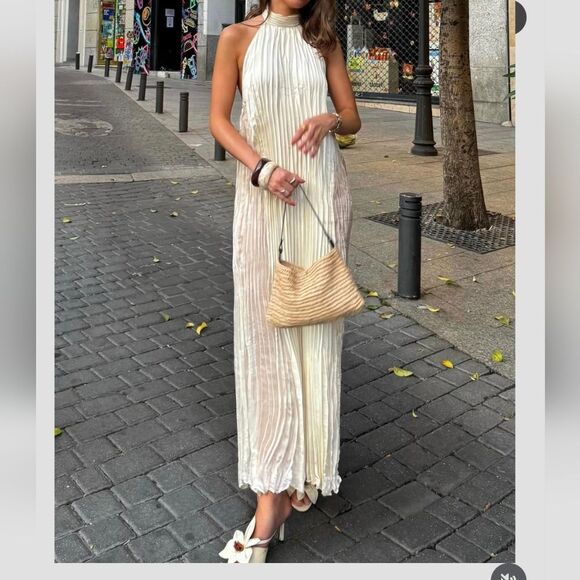 NWT ZARA LONG PLEATED DRESS Light Beige Satim - Picture 6 of 16